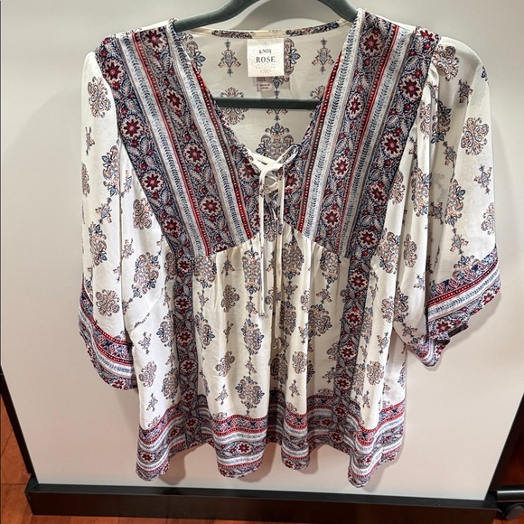 Knox Rose Tops - Knox Rose White and Blue Boho Blouse